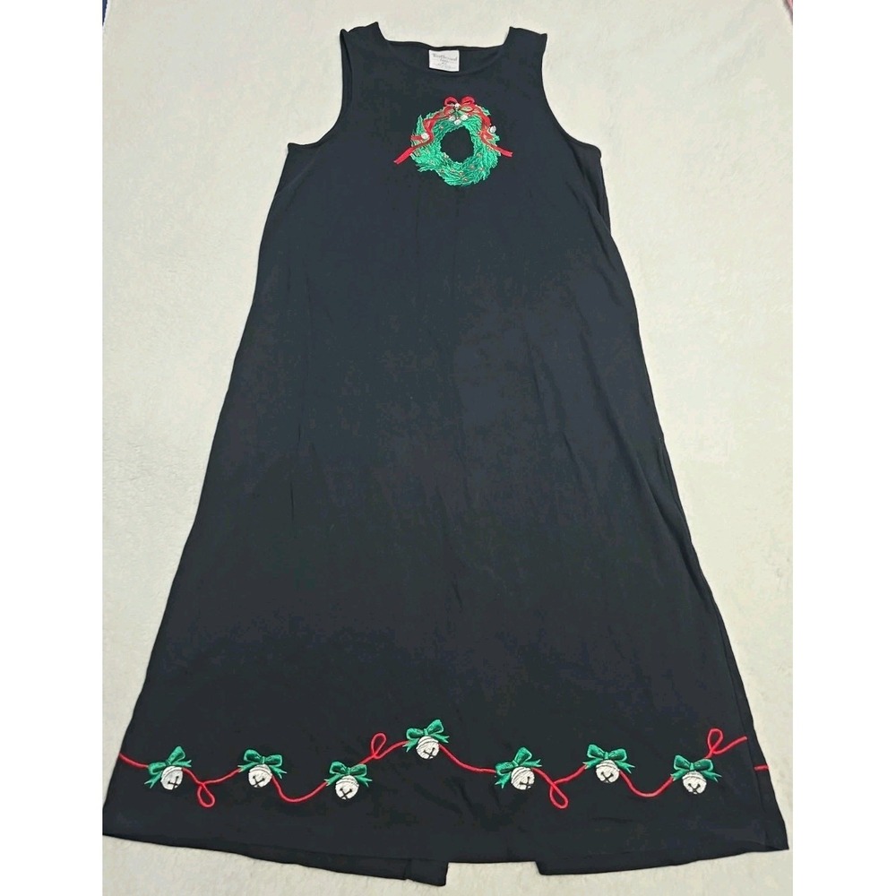 Vtg. Westbound Black Christmas Embroidered Wreath & Bells Holiday Maxi Dress PM